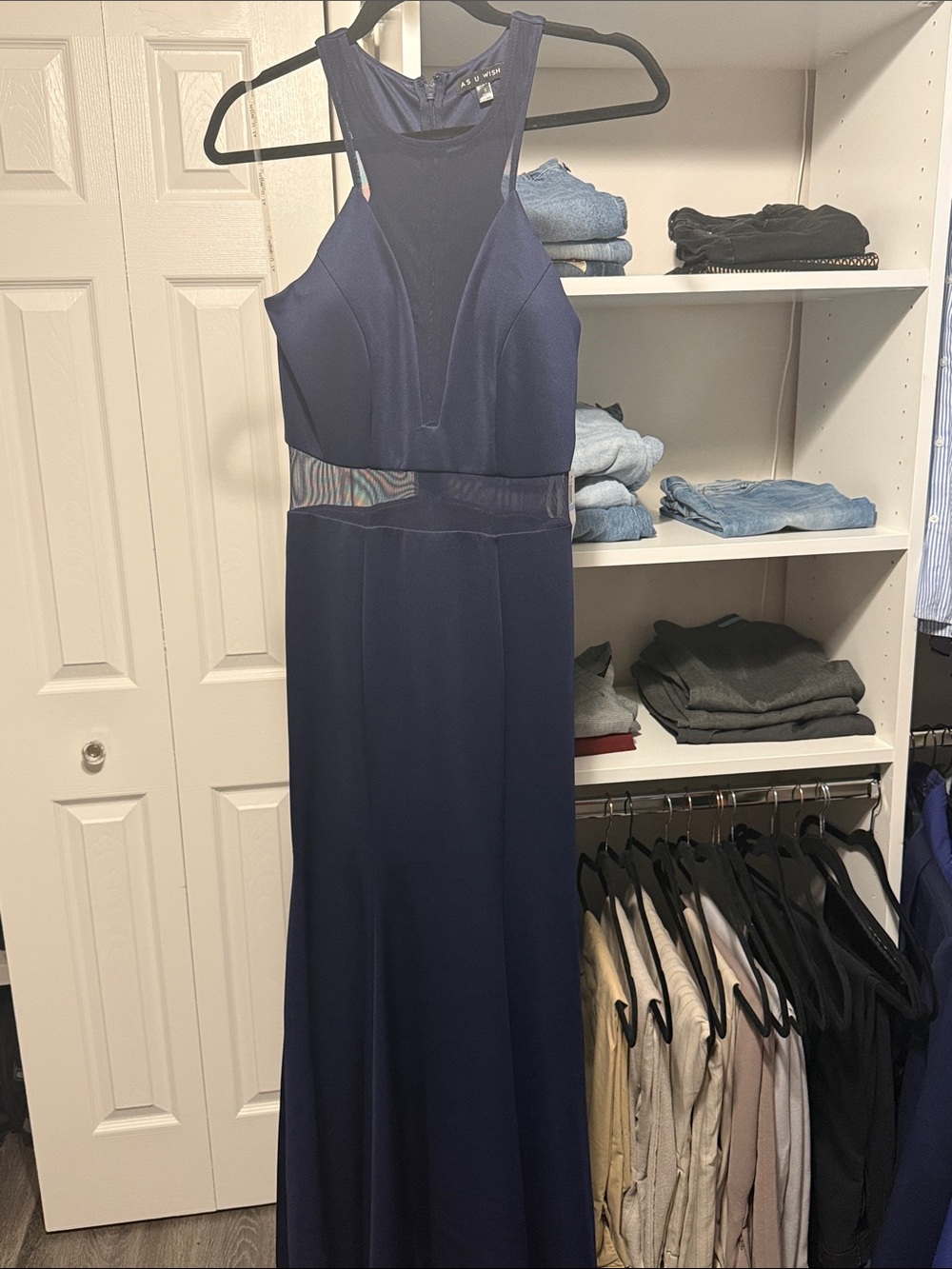 Navy Blue Sleeveless Evening Gown with Mesh Waist